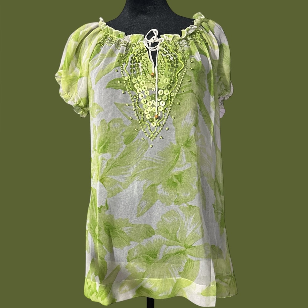 Women’s Chaudry Green and White Sequined Floral Top- Size L